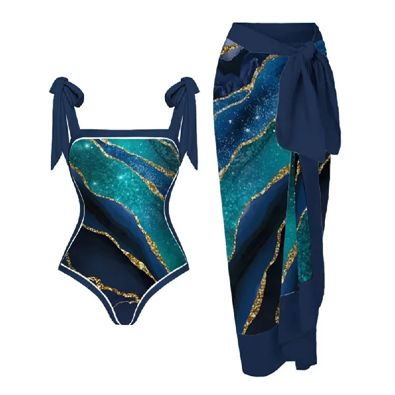 Hand - wash only silk skirt with intricate embroideryMonokini Galaxy Print Tie Up Swimsuit With Wrap Around Tie Up Sarong Skirt By Sinderella