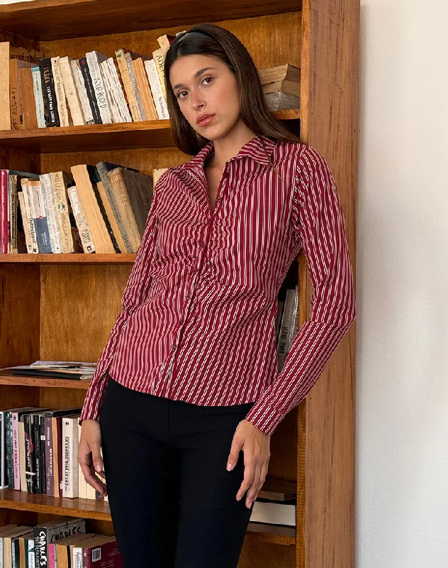 Striped Women Long Sleeve Top in a Timeless PatternTarsi Fitted Shirt in Maroon Stripe