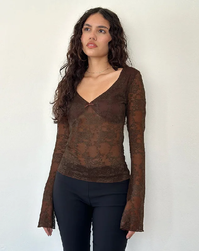 Ribbed Women Long Sleeve Top with a Textured AppealOrphee Long Sleeve Lace Top in Brown