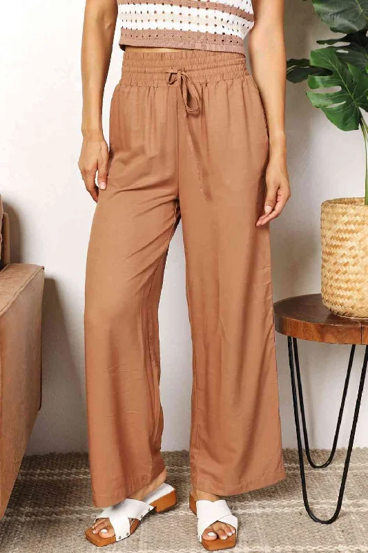 Flare Leg Women's Satin Trousers for a Glamorous Night OutDouble Take Drawstring Smocked Waist Wide Leg Pants