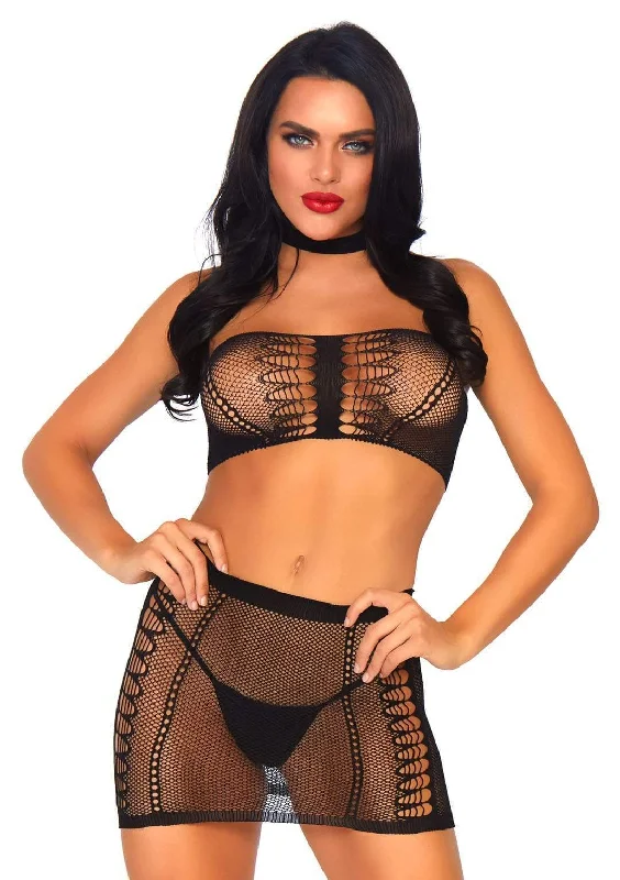 Skirt with a detachable train for a versatile formal look2 PC Fishnet Choker Harness Bandeau and Mini Skirt Black