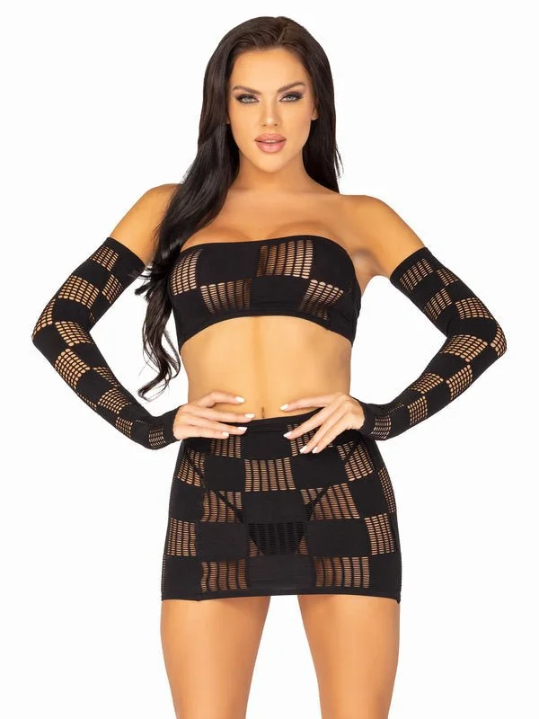 Skirt with a scalloped hem for a feminine and delicate touch3 PC Checkerboard Bandeau, Skirt, Arm Warmers Black