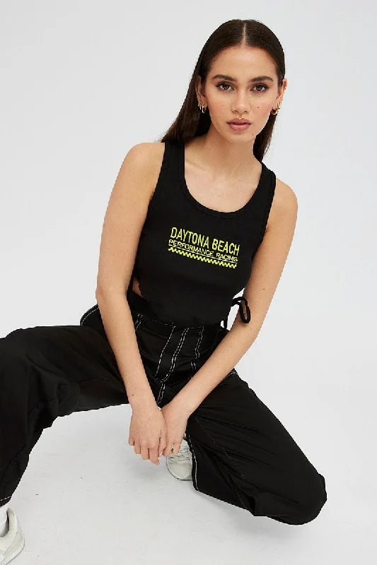 Women's Sleeveless Ribbed Tank Tops for a Trendy LookBlack Tank Top Side Ties Daytona Beach Embroidery Rib