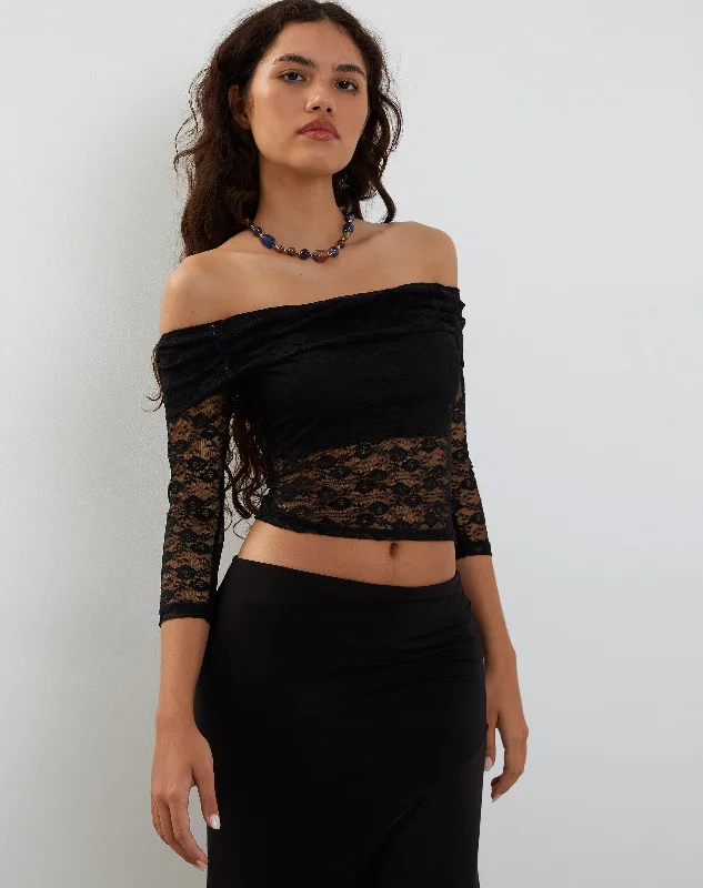 Cropped Women Long Sleeve Top to Pair with High - Waisted BottomsNixie Long Sleeve Bardot Top in Lace Black