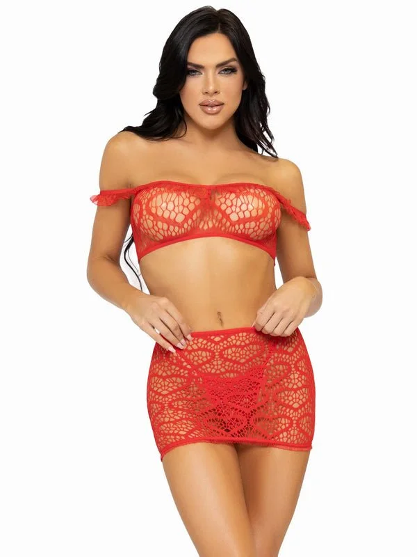 Thermal - lined skirt for cold - weather outdoor activities3 PC Heart Net Crop, Mini Skirt, G-String Red