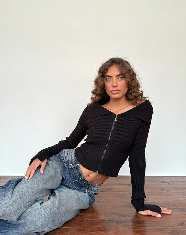 Wrap - Style Women Long Sleeve Top for a Versatile FitRadia Long Sleeve Off-Shoulder Zip Through Jumper in Black