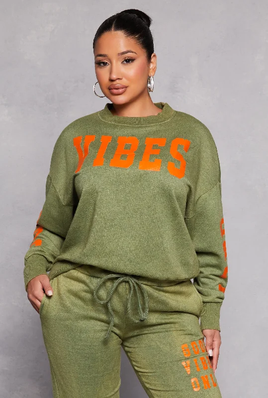 Metallic Accent Women Long Sleeve Top for a Glamorous LookAcid Wash Good Vibes Only Sweatshirt