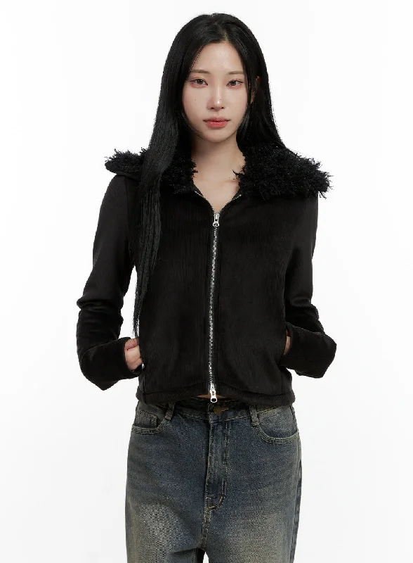 Puffer - Sleeve Women Long Sleeve Top for a Fashion - Forward LookFuzzy Collared Slim Fit Zip-Up CN407