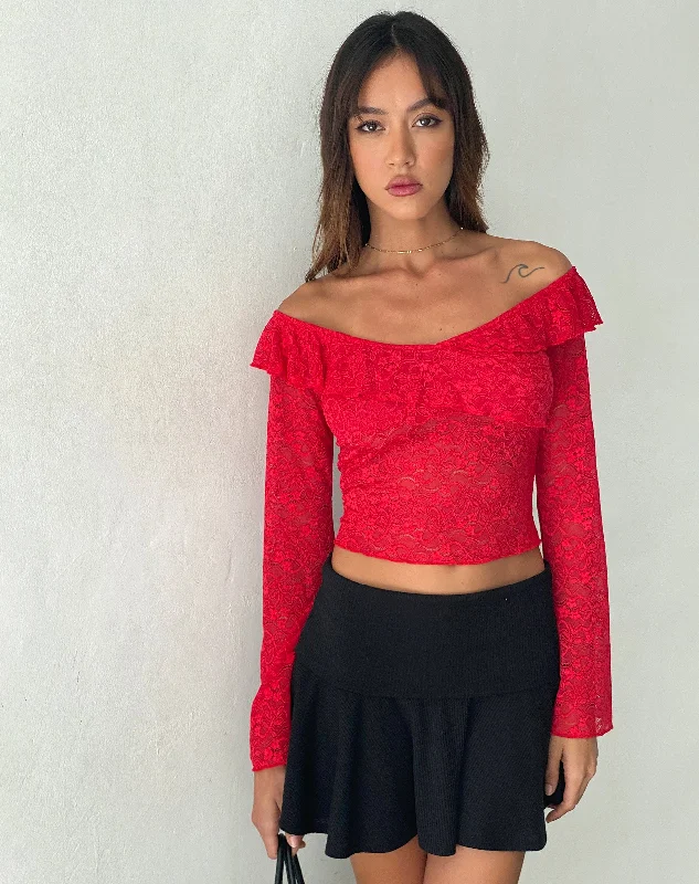 Organic Cotton Women Long Sleeve Top for Eco - Friendly ComfortSoka Bardot Frill Top in Red Lace