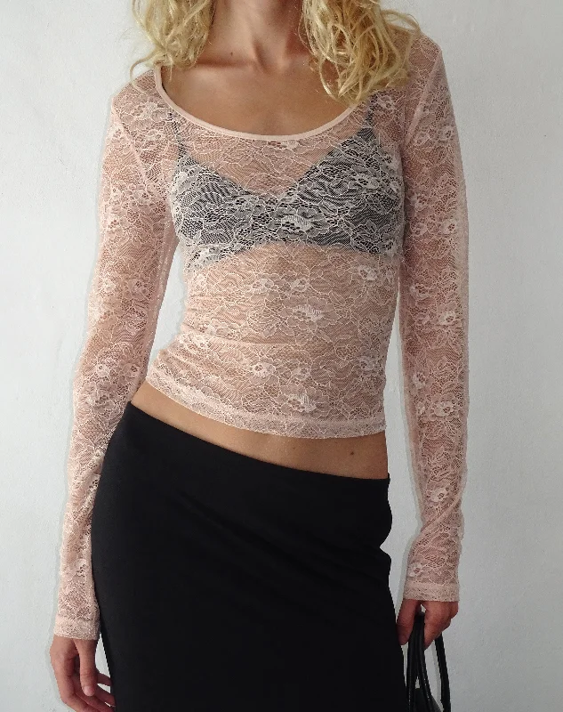 Ruffled Cuff Women Long Sleeve Top with a Feminine TouchLainey Long Sleeve Lace Top in Blush