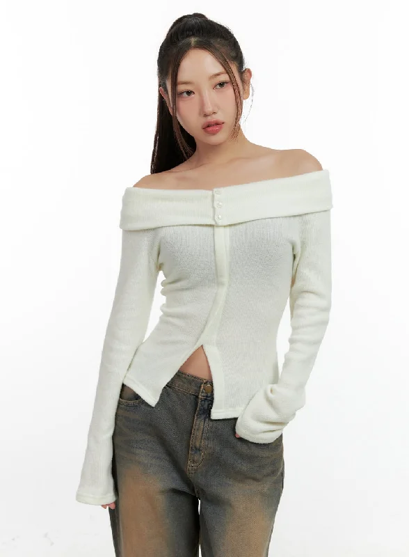 Cable - Knit Women Long Sleeve Top with a Cozy TextureButtoned Off Shoulder Blouse CN412