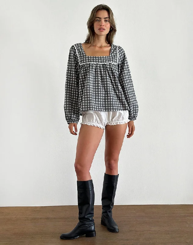 Turtleneck Women Long Sleeve Top for Cold Winter DaysDemona Top in Tonal Gingham Black and Grey