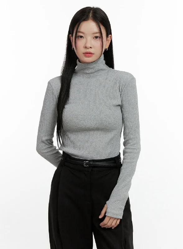 Cropped Women Long Sleeve Top to Pair with High - Waisted BottomsRibbed Long-Sleeve Turtleneck Top ON408