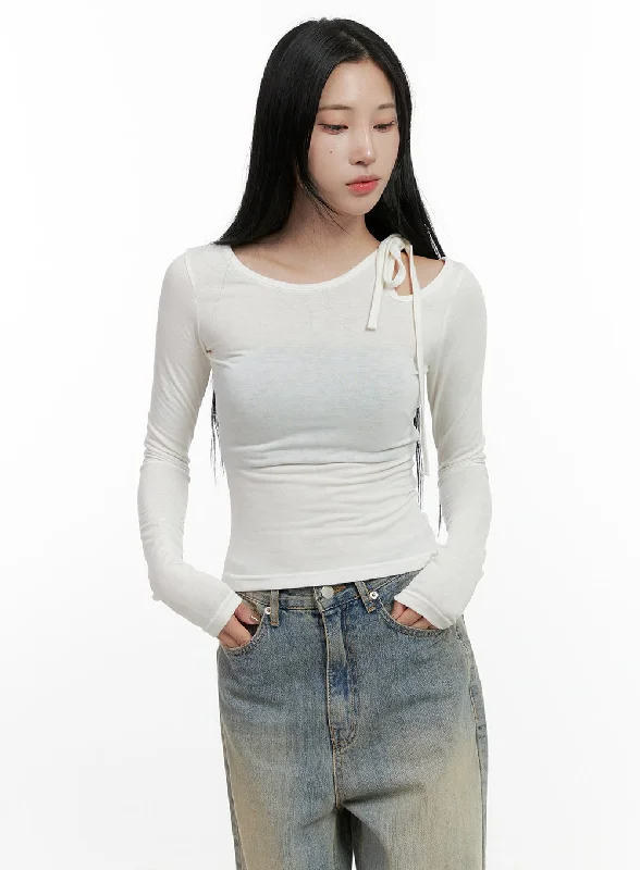 Lightweight Women Long Sleeve Top for Spring and AutumnUnbalanced Strap Crop Top CN411