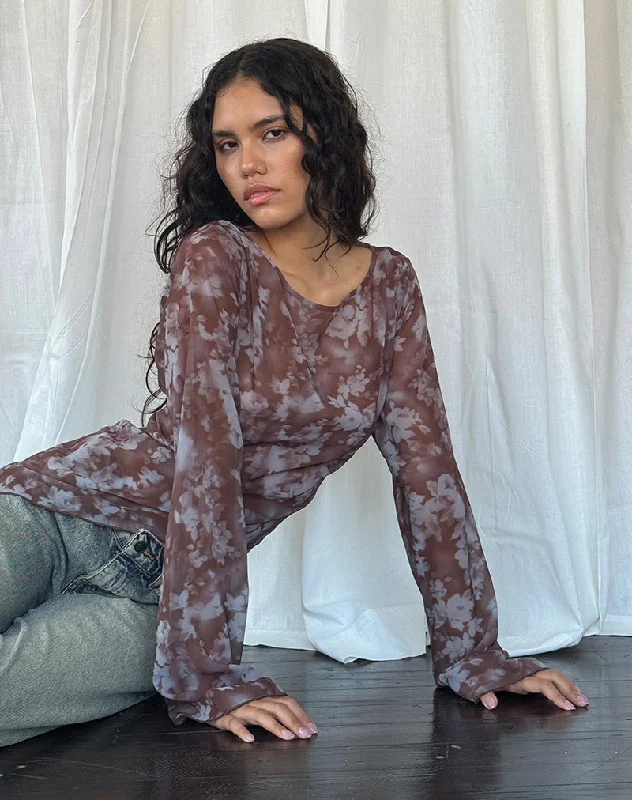 Striped Women Long Sleeve Top in a Timeless PatternArcelia Long Sleeve Mesh Top in Botanical Shadow Brown