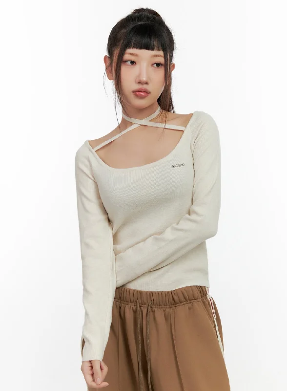 Organic Cotton Women Long Sleeve Top for Eco - Friendly ComfortSolid Knit Long Sleeve Halter Top CN406