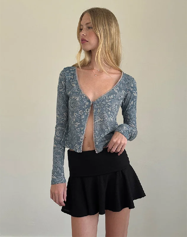 Printed Graphic Women Long Sleeve Top with a Bold StatementLibby Cardi in Blue Ornate Print Lycra