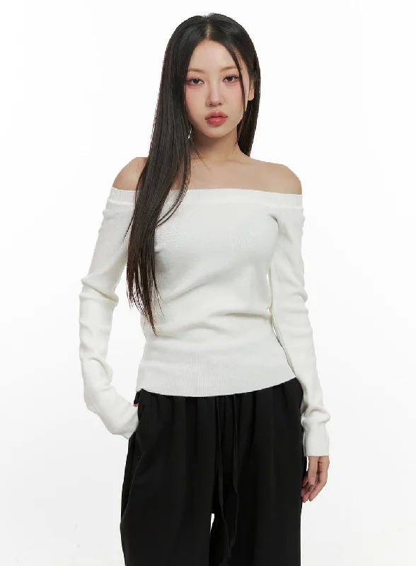 Ruffled Cuff Women Long Sleeve Top with a Feminine TouchElegant Off Shoulder Knit Top CN415