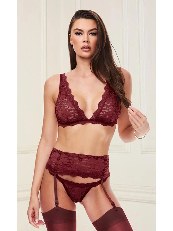 Petite - sized pencil skirt with a shorter hemlineBaci 3pc Lace Bra Garter Skirt & G-String Set Wine S/M