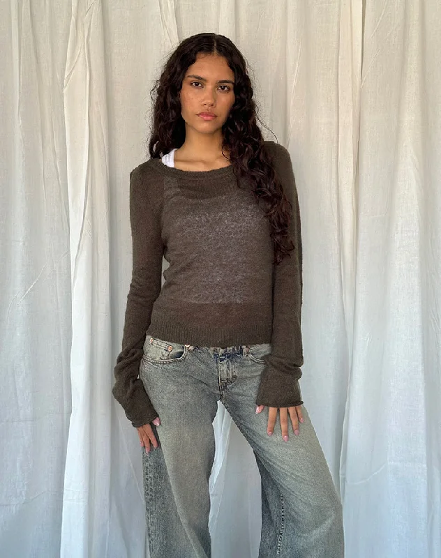 Ruffled Cuff Women Long Sleeve Top with a Feminine TouchAddison Long Sleeve Sheer Knit Top in Dark Chocolate