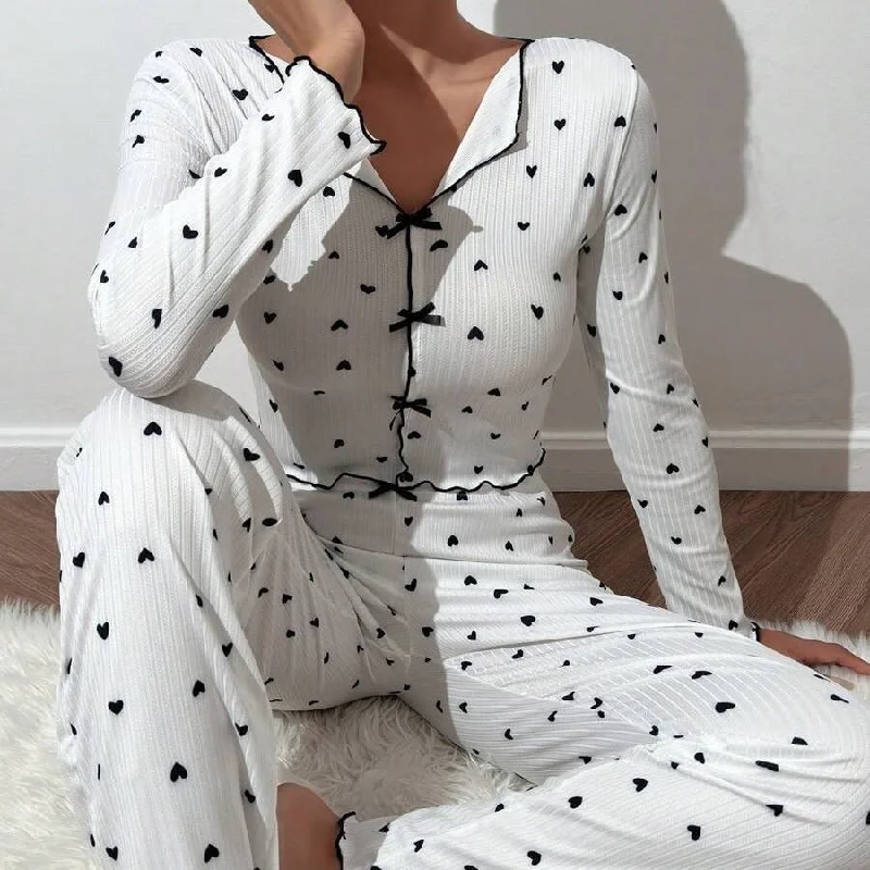 Ankle - Length Women's Printed Joggers for TravelingLove print long-sleeved lapel pajamas long pants two-piece suit