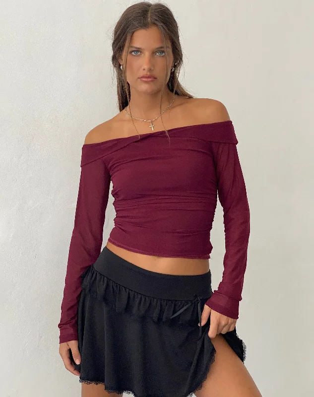 Button - Down Women Long Sleeve Top for a Classic StyleNauri Mesh Bardot Top in Maroon