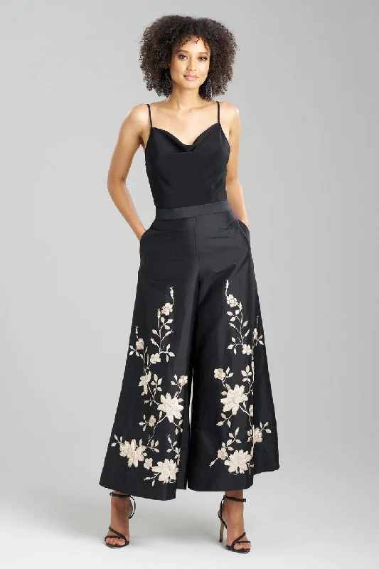 Flare Leg Women's Satin Trousers for a Glamorous Night OutCouture Silk Dupioni Embroidered Palazzo Ankle Pants