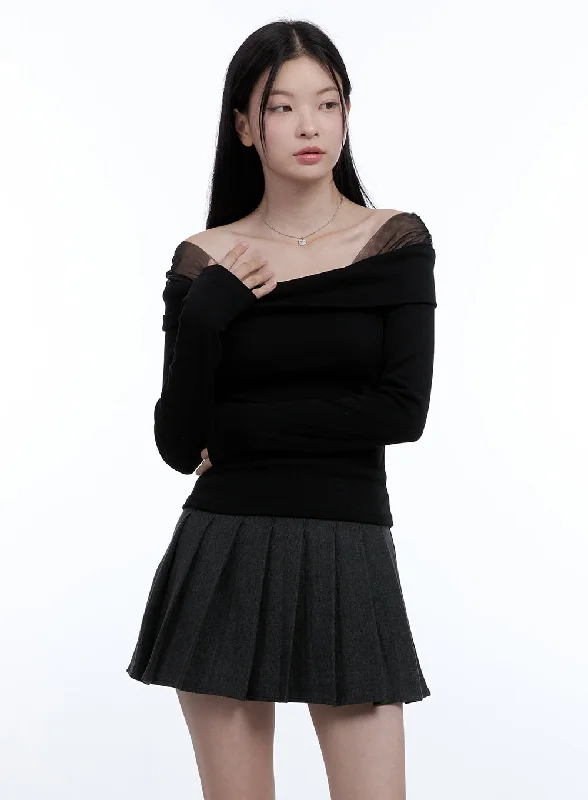 Cable - Knit Women Long Sleeve Top with a Cozy TextureSee-Through Off-Shoulder Top OO429