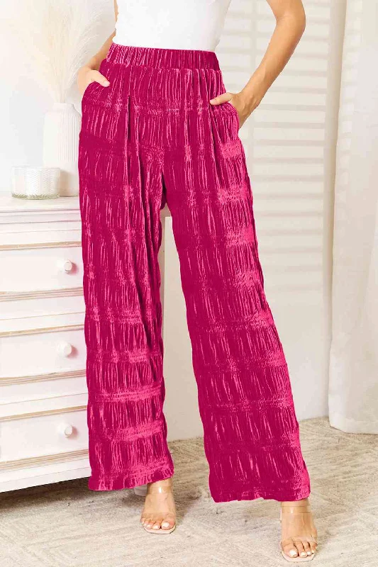 Plus Size Women's Patchwork - Design Jeans for a Unique AppearanceDouble Take Full Size High Waist Tiered Shirring Velvet Wide Leg Pants