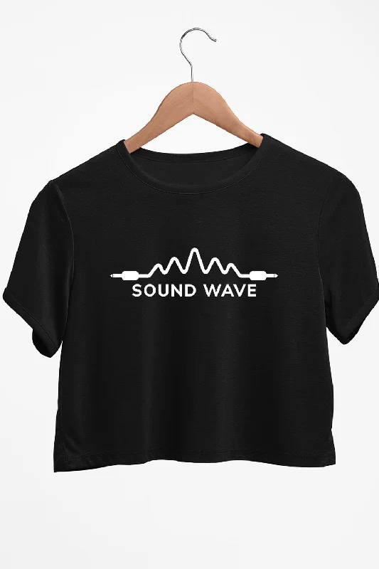 Off - Shoulder Women's Crop Top in Navy for a Chic and Trendy Beach EnsembleSound Wave Graphic Printed Black Crop Top