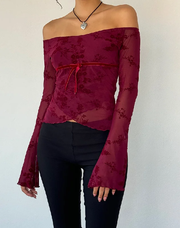 Striped Women Long Sleeve Top in a Timeless PatternKareena Top in Botanical Flower Maroon