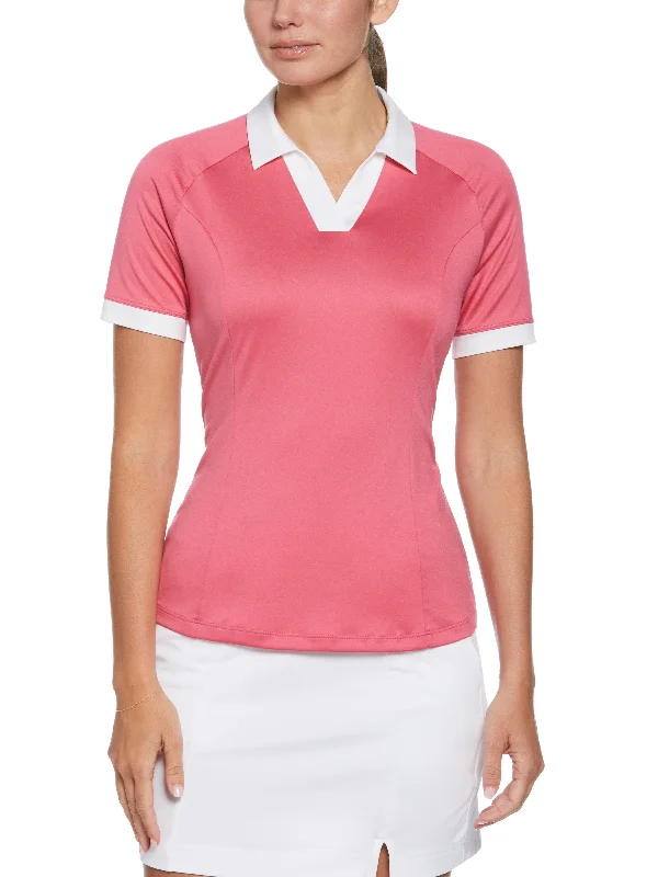 Animal print polo shirt for a bold fashion statementWomens Color Block V-Placket Golf Polo