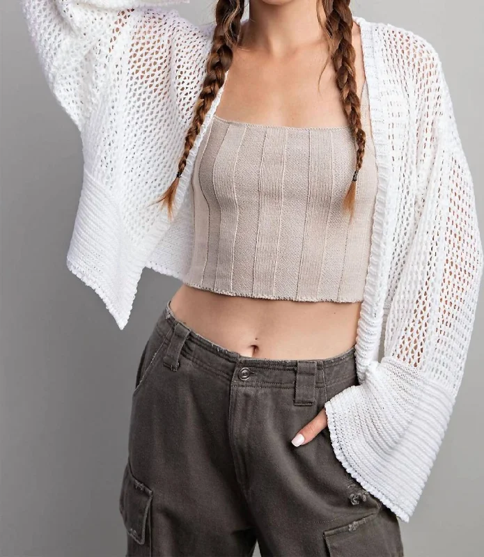 open front women cardigan for easy stylingEyelet Knit Cardigan In White