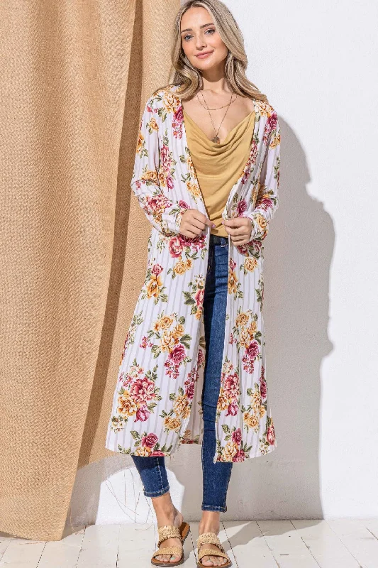 cable knit women cardigan with intricate patternsFloral Kimono Open Front Longline Cardigan