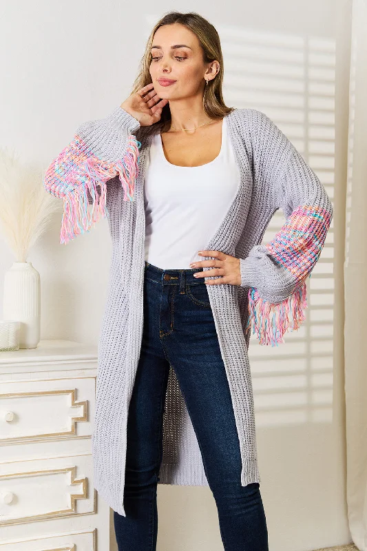 organic cotton women cardigan for an eco - friendly choiceFringe Sleeve Dropped Shoulder Cardigan