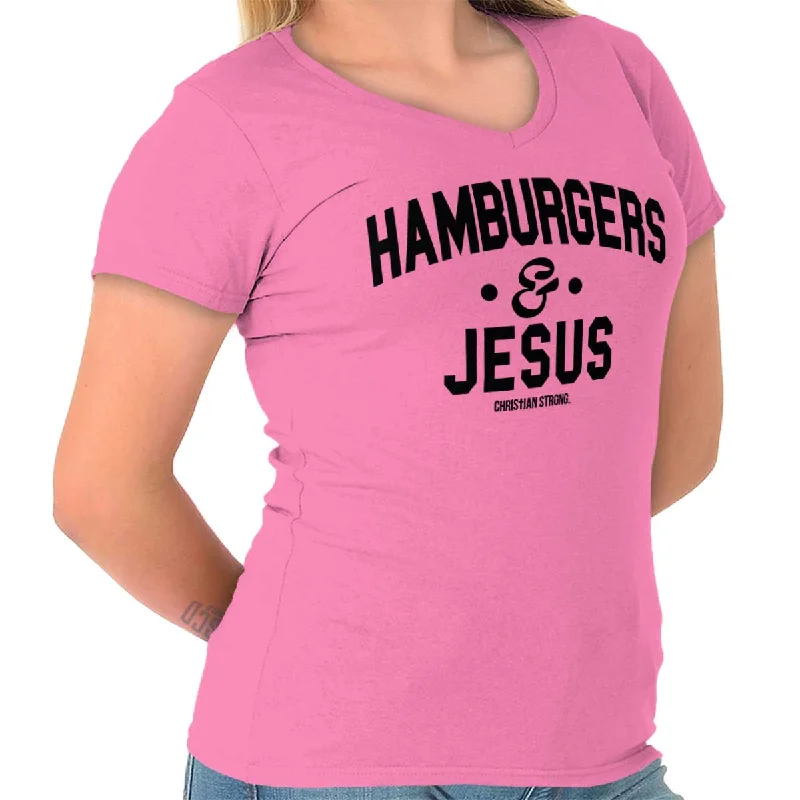 Sequined Women T Shirt for a Sparkly Night OutHamburgers & Jesus Junior Fit V-Neck T-Shirt