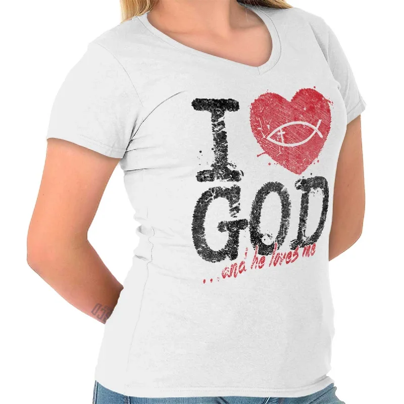 Floral Print Women T Shirt for a Feminine TouchI Love God Junior Fit V-Neck T-Shirt