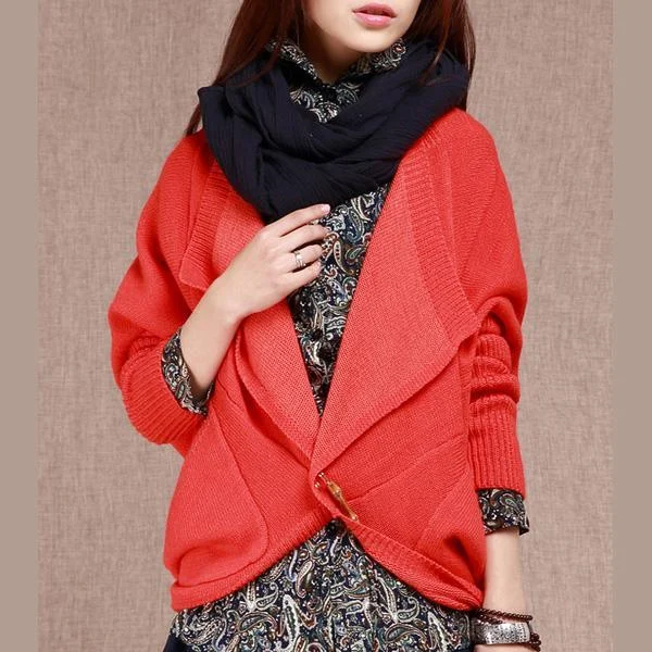 ribbed women cardigan with a classic textureOrange Batwing sleeve sweater cardigan top