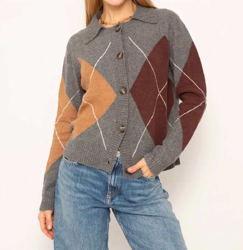 v neck women cardigan to elongate the necklineRoman Argyle Sweater Cardigan In Gray/brown/tan