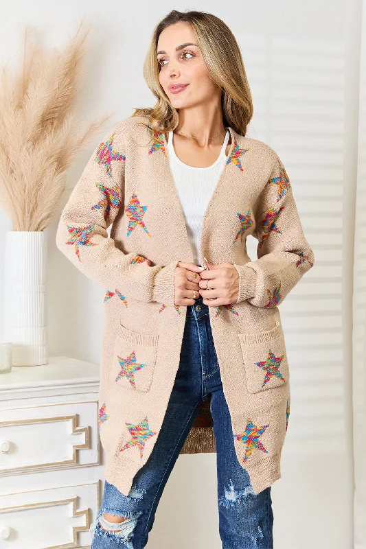 long length women cardigan with side slitsStar Pattern Open Front Longline Cardigan