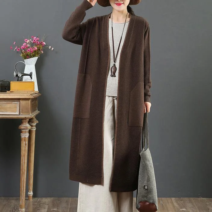 lightweight women cardigan for spring and fallWinter chocolate knit cardigans Loose fitting v neck pockets sweaters