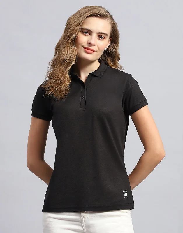 Ringer T Shirt Women with Retro - Inspired StripesWomen Black Solid Polo Collar Half Sleeve T-Shirt