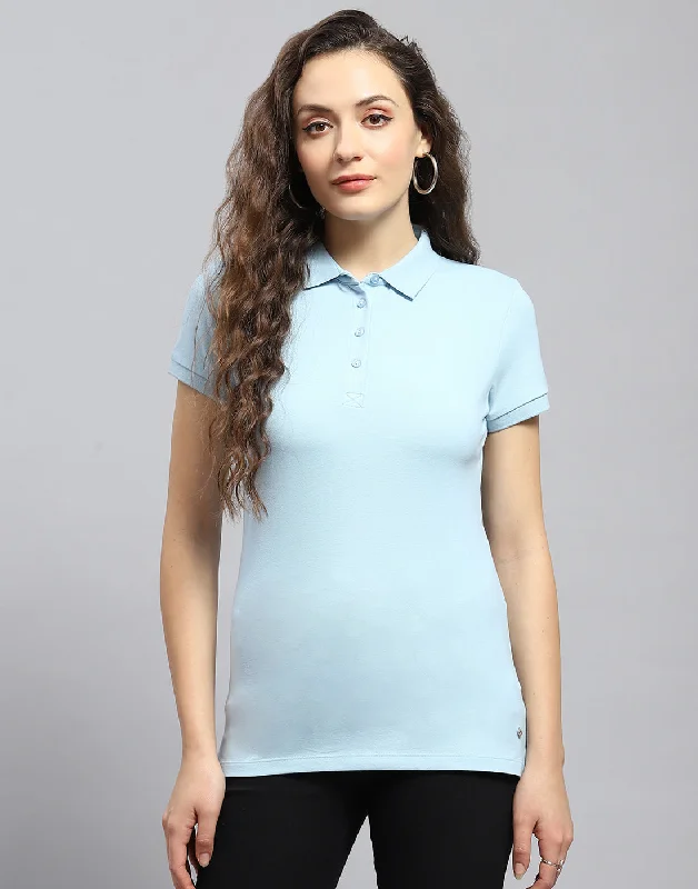 V - Neck Women T Shirt to Enhance the NecklineWomen Blue Solid Polo Collar Half Sleeve T-Shirt