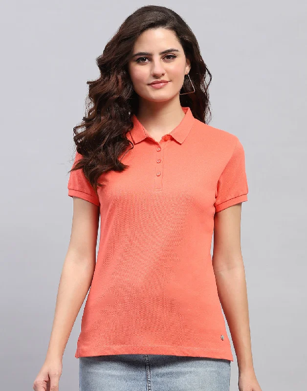 Striped Women T Shirt in a Classic PatternWomen Coral Solid Collar Half Sleeve T-Shirt