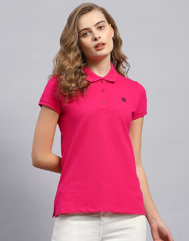 Crew Neck Women T Shirt with a Timeless DesignWomen Pink Solid Polo Collar Half Sleeve T-Shirt