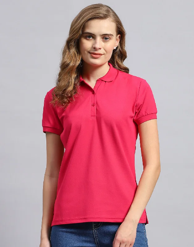 Crew Neck Women T Shirt with a Timeless DesignWomen Pink Solid Polo Collar Half Sleeve T-Shirt