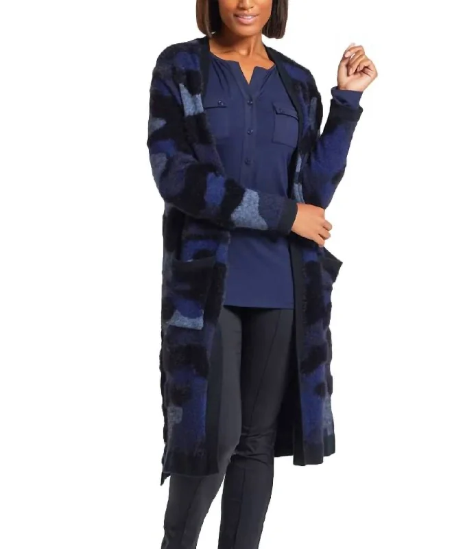 cable knit women cardigan with intricate patternsZendaya Duster Cardigan In Blue Multi