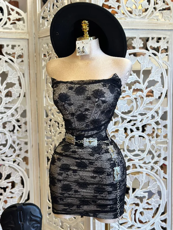 Lace - Embellished Women Dress for an Elegant and Sophisticated AppearanceBlack Lace Corset Mini Dress -Stretchy, Estira