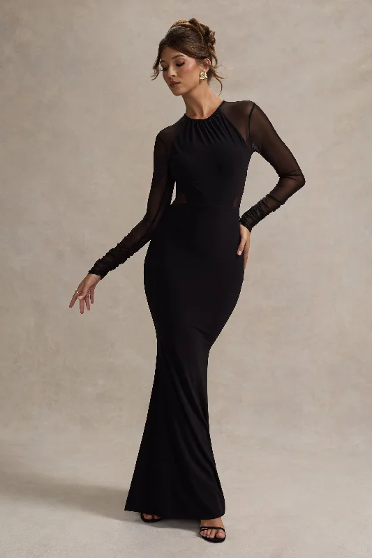 Sheath Women Dress with a Tailored Fit for a Professional LookBrittany | Black Mesh Insert Maxi Dress