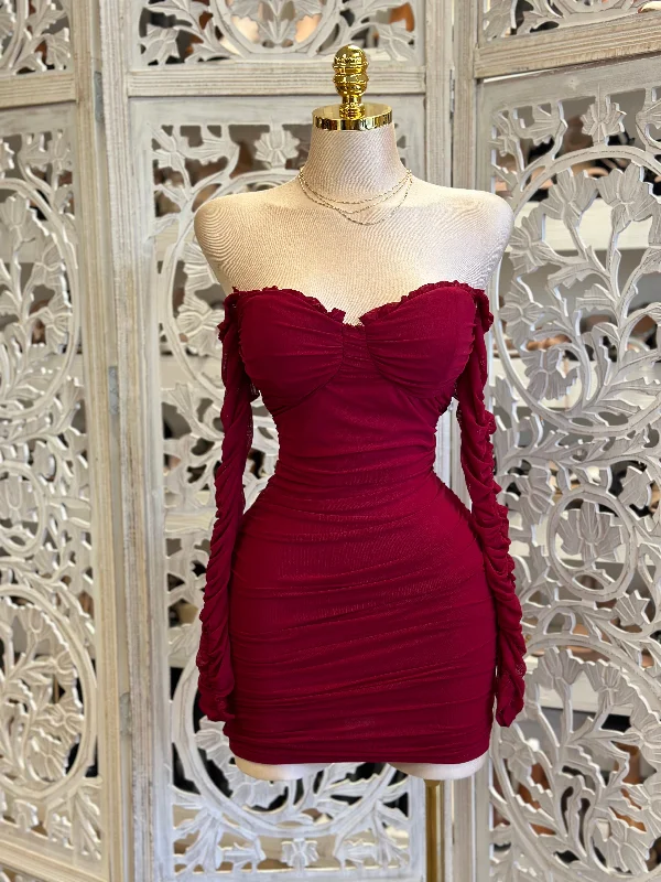 Empire Waist Women Dress to Accentuate the Bust and Conceal the WaistBurgundy Ruched Sleeve Mini Dress - Estira, Stretchy